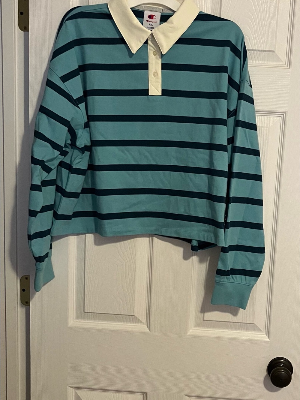 Champion Womens Striped Cropped 3 Button Rugby Shirt Teal Blue Polo XXL NWT